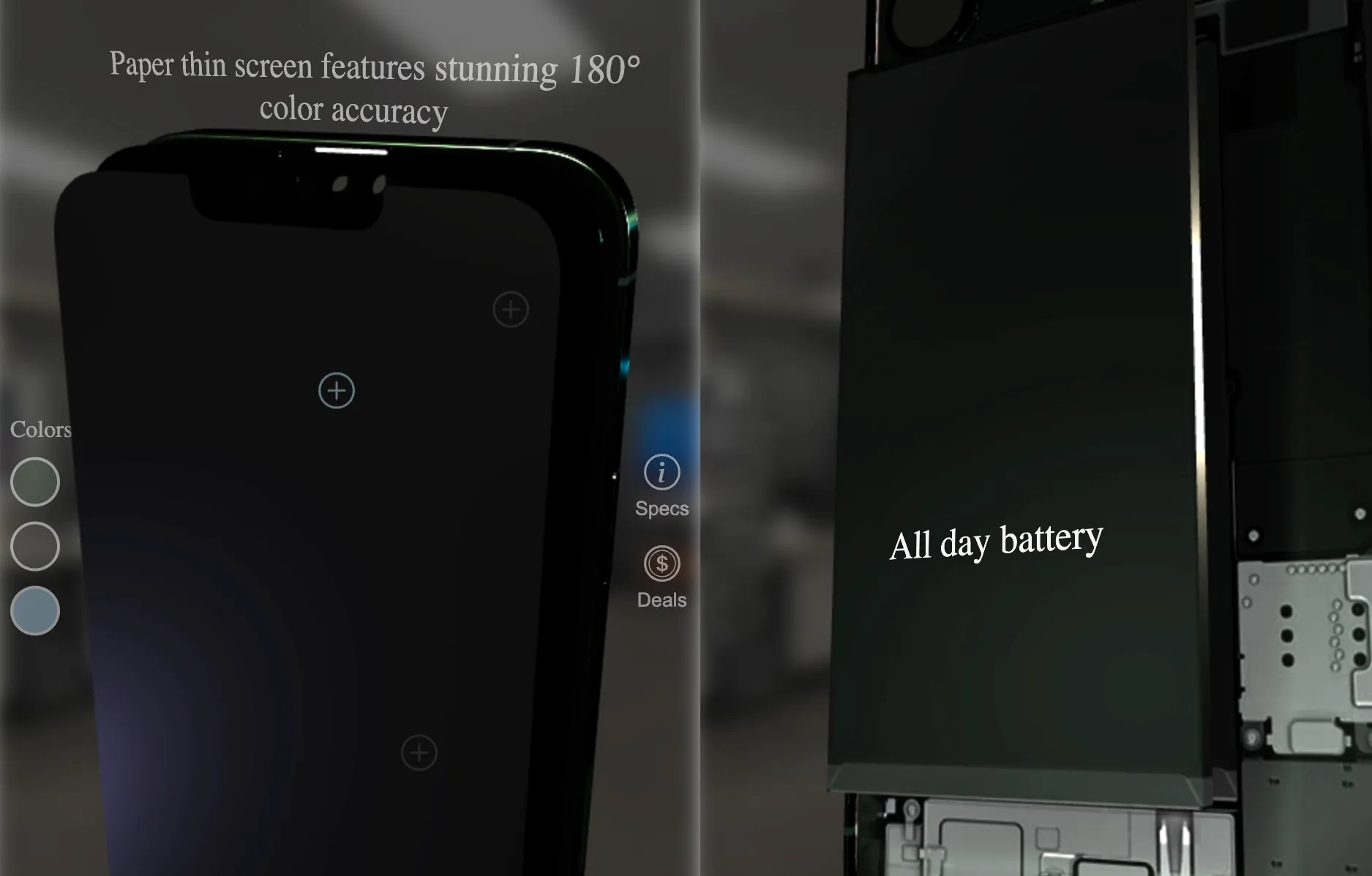 preview of 3D phone viewer prototype showing phone with product messaging and animations featuring phone coming apart to reveal internal details.